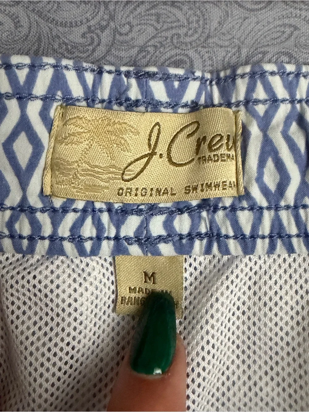 J Crew Men's Light Blue Geometric Swim Shorts with Yellow Drawstring
